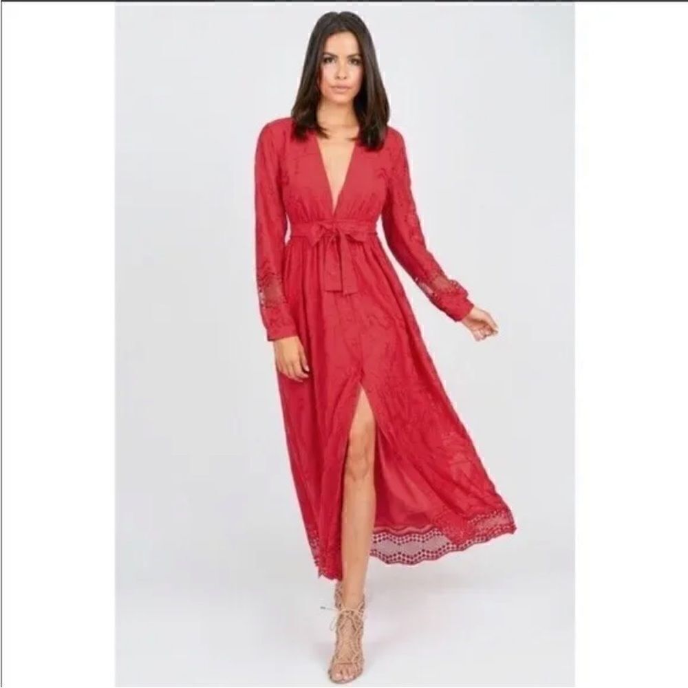 Olivia Culpo x Le Tote Red Long Sleeve Embroidered Maxi Shirt Dress